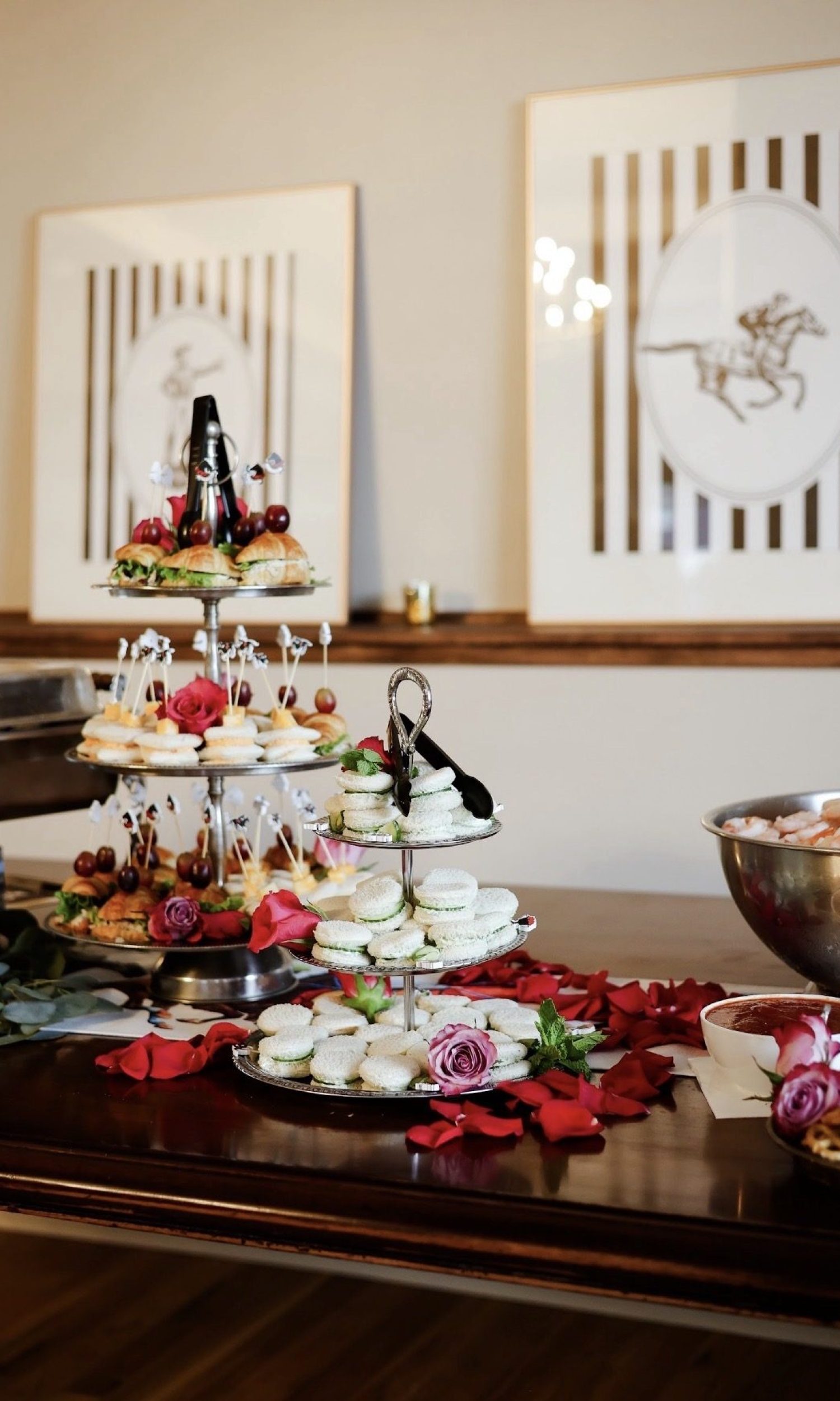 Catering spread with tiered trays and shrimp cocktail at The Event Vault