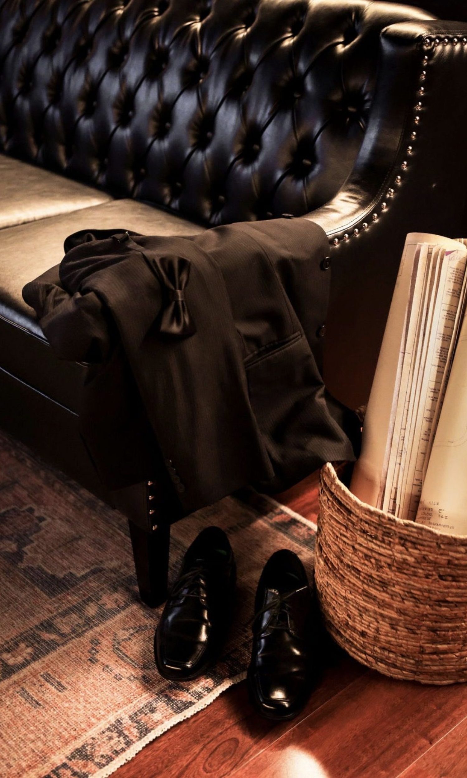 Groom suit and shoes in the speakeasy lounge at The Event Vault