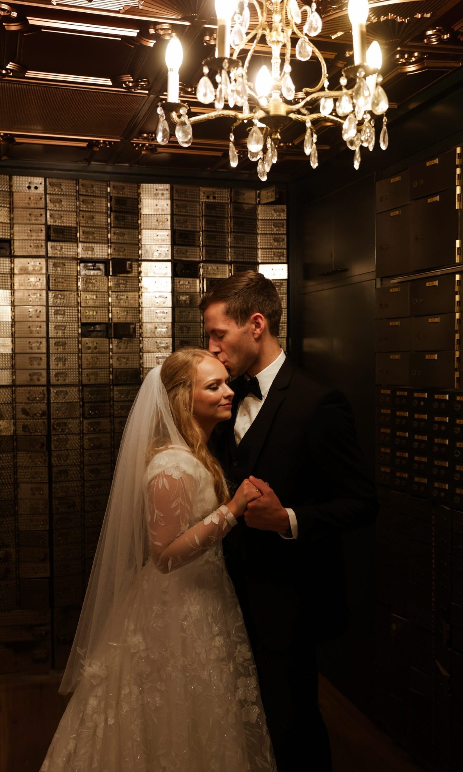 Bride and groom inside the historic bank vault at The Event Vault wedding venue in Urbana, Ohio
